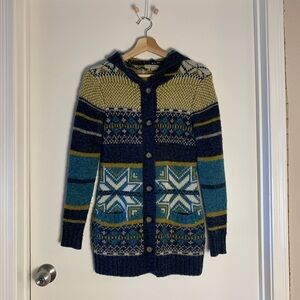 Royal Robbins Blue and Yellow Patterned Hooded Wool Cardigan